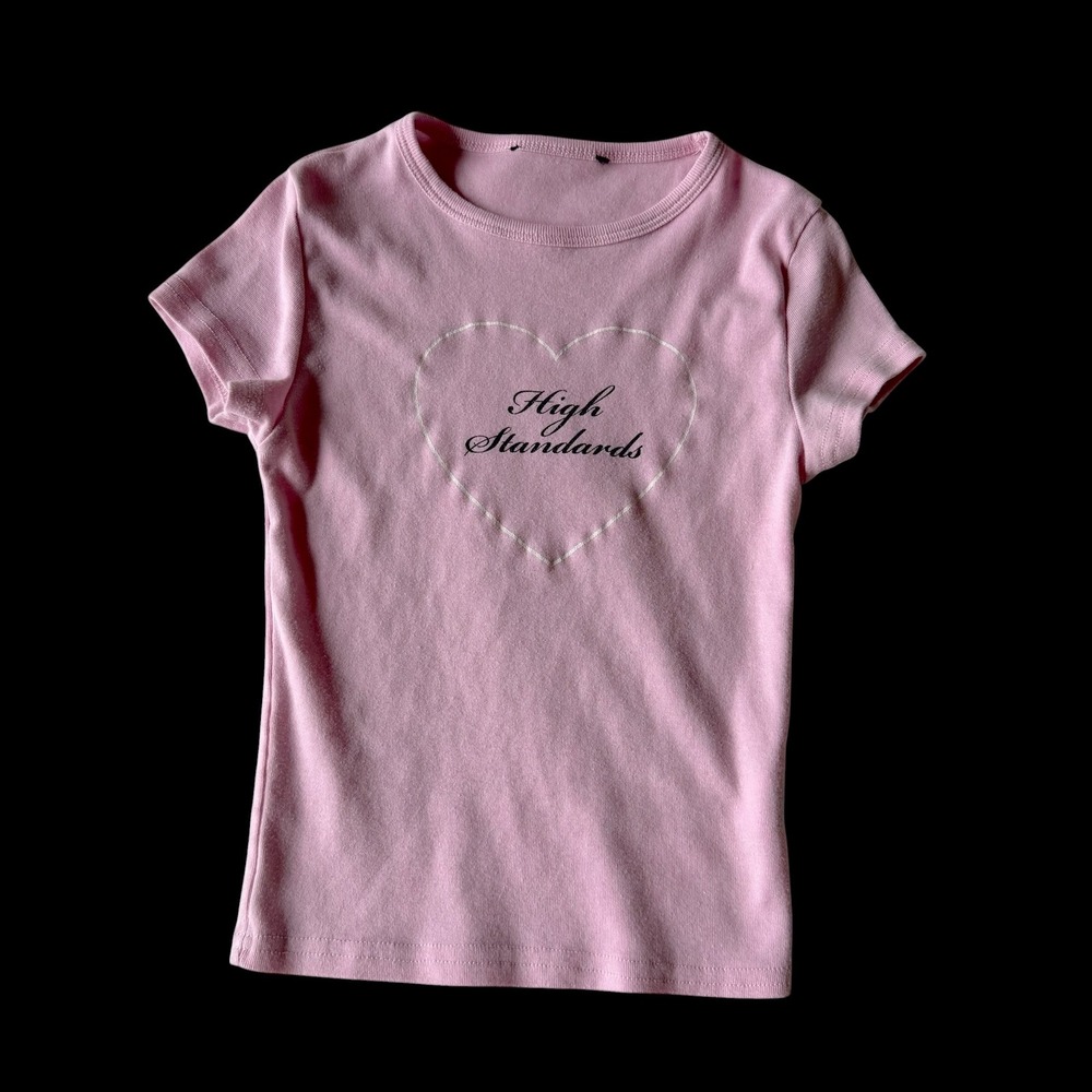 Y2K Pink High Standards Heart Baby Tee Y2K Style Short Sleeve Crop Top
